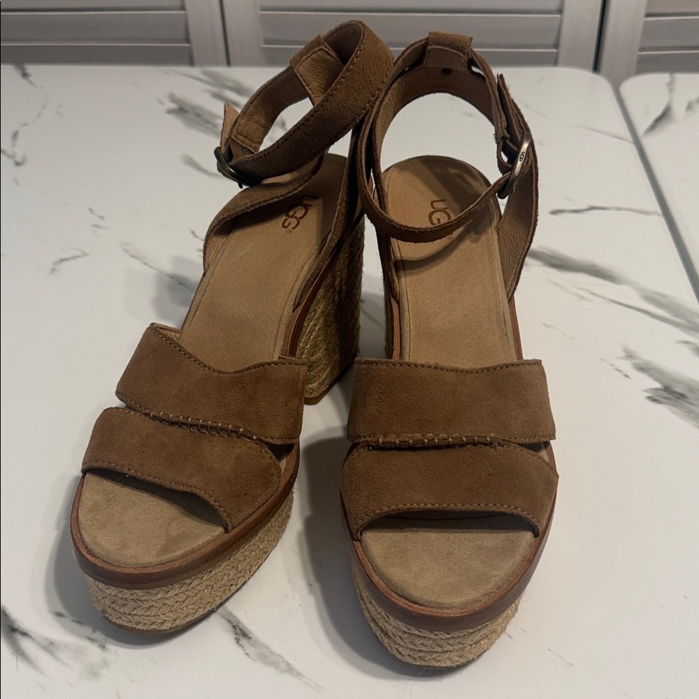 Ugg Tan Suede Wedge Ankle Wrap Sandals. Size 9-1/2 - Picture 15 of 15